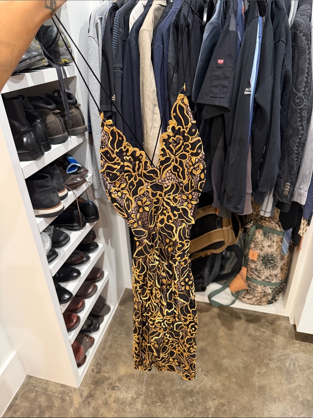 Strapless Black and Gold Lace Slip Dress